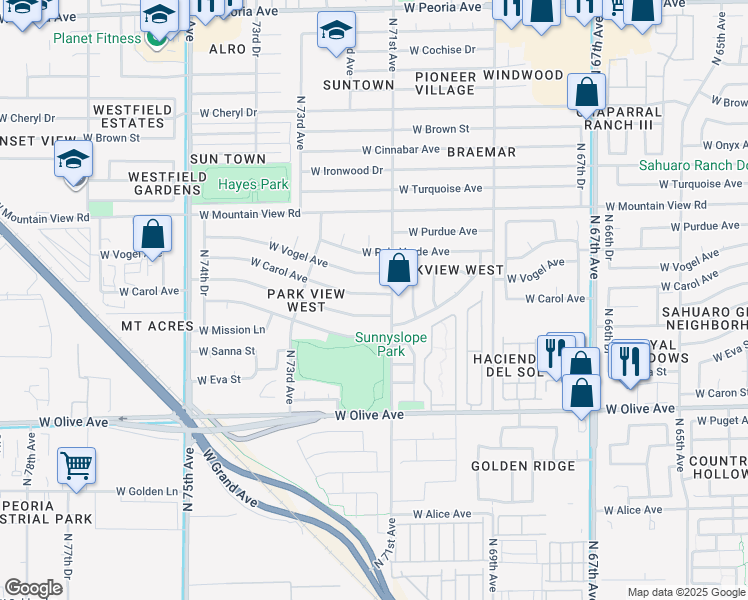map of restaurants, bars, coffee shops, grocery stores, and more near 7108 West Carol Avenue in Peoria