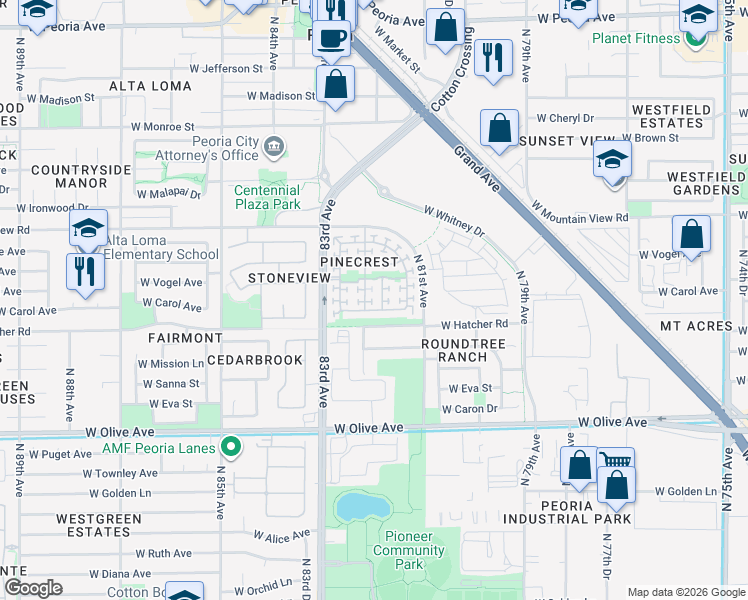 map of restaurants, bars, coffee shops, grocery stores, and more near 9590 North 82nd Lane in Peoria