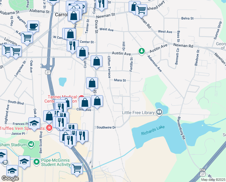 map of restaurants, bars, coffee shops, grocery stores, and more near 111 Southside Avenue in Carrollton