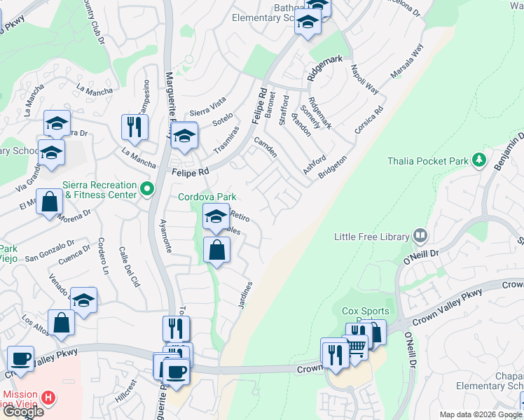 map of restaurants, bars, coffee shops, grocery stores, and more near 26923 Orchid Avenue in Mission Viejo