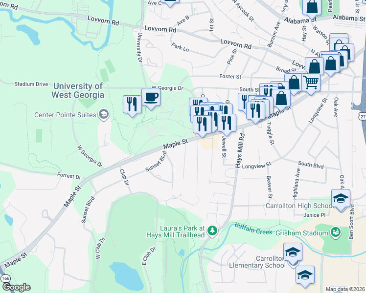 map of restaurants, bars, coffee shops, grocery stores, and more near 1502 Maple Street in Carrollton