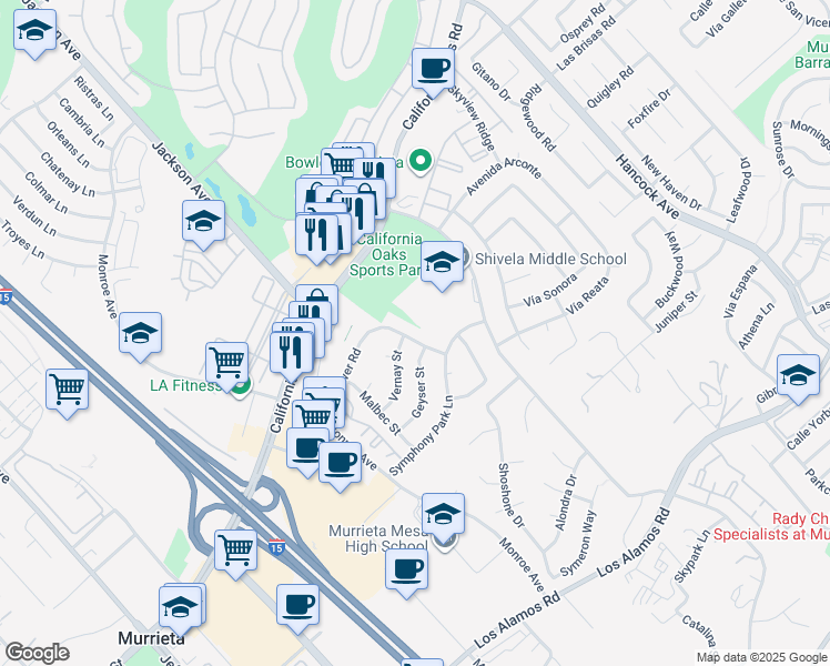 map of restaurants, bars, coffee shops, grocery stores, and more near 40581 Sunflower Road in Murrieta
