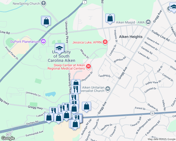 map of restaurants, bars, coffee shops, grocery stores, and more near 302 University Parkway in Aiken