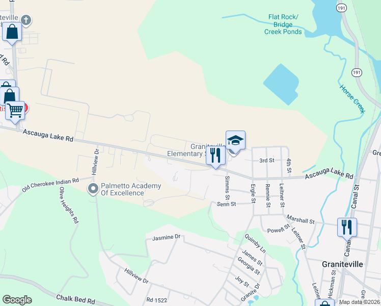 map of restaurants, bars, coffee shops, grocery stores, and more near 255 Ascauga Lake Road in Graniteville