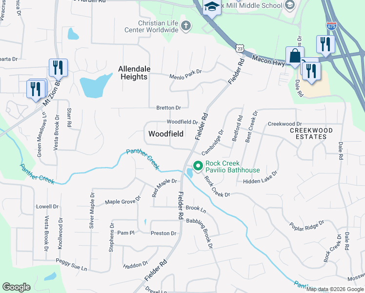 map of restaurants, bars, coffee shops, grocery stores, and more near 2811 Woodfield Drive in Rex