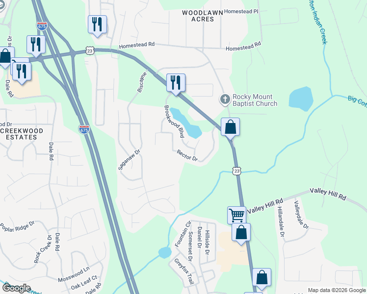 map of restaurants, bars, coffee shops, grocery stores, and more near 3777 Brookwood Boulevard in Rex