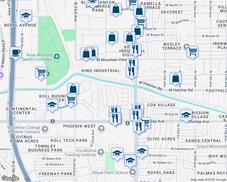 map of restaurants, bars, coffee shops, grocery stores, and more near 2050 West Dunlap Avenue in Phoenix