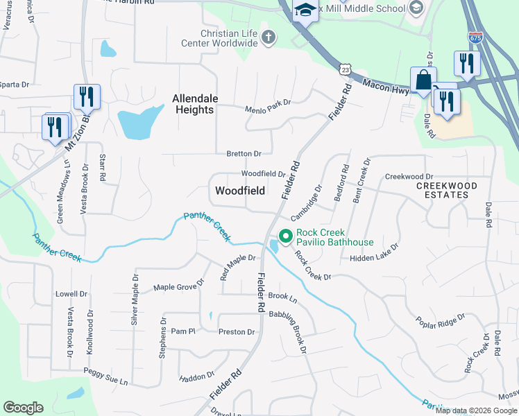 map of restaurants, bars, coffee shops, grocery stores, and more near 2817 Woodfield Drive in Rex