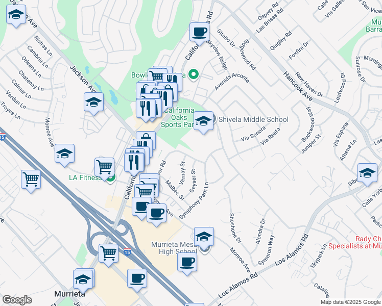 map of restaurants, bars, coffee shops, grocery stores, and more near 40581 Sunflower Road in Murrieta
