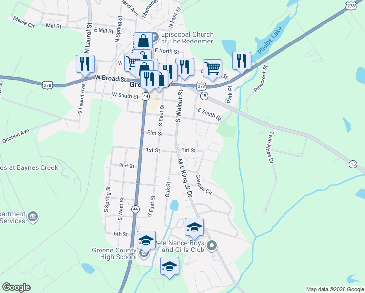 map of restaurants, bars, coffee shops, grocery stores, and more near 406 South Walnut Street in Greensboro
