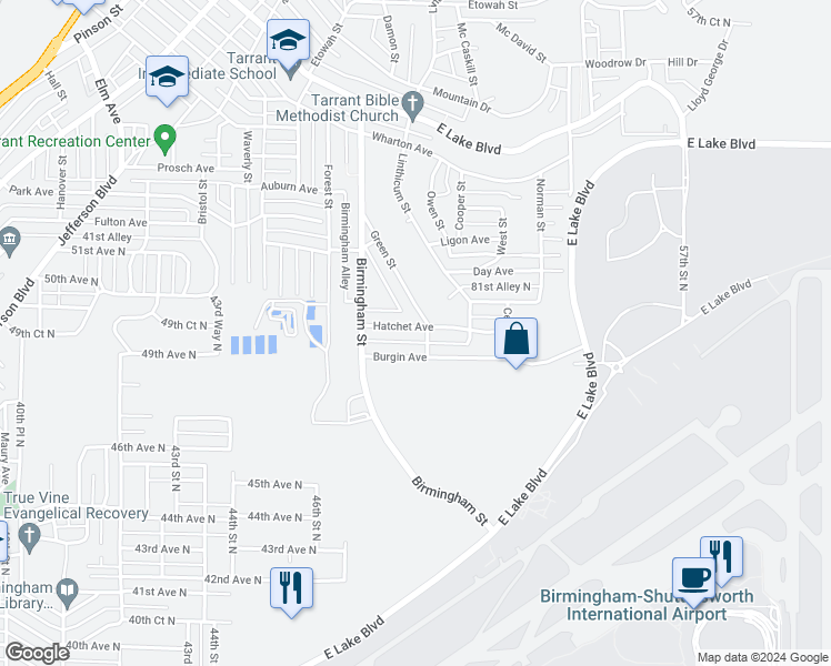 map of restaurants, bars, coffee shops, grocery stores, and more near 1645 Hatchet Avenue in Birmingham