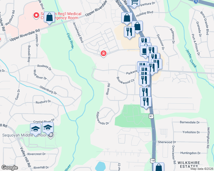 map of restaurants, bars, coffee shops, grocery stores, and more near 363 River Road in Jonesboro