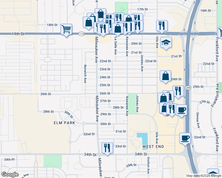 map of restaurants, bars, coffee shops, grocery stores, and more near 6401 25th Street in Lubbock