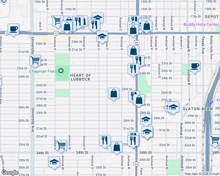 map of restaurants, bars, coffee shops, grocery stores, and more near 1918 26th Street in Lubbock