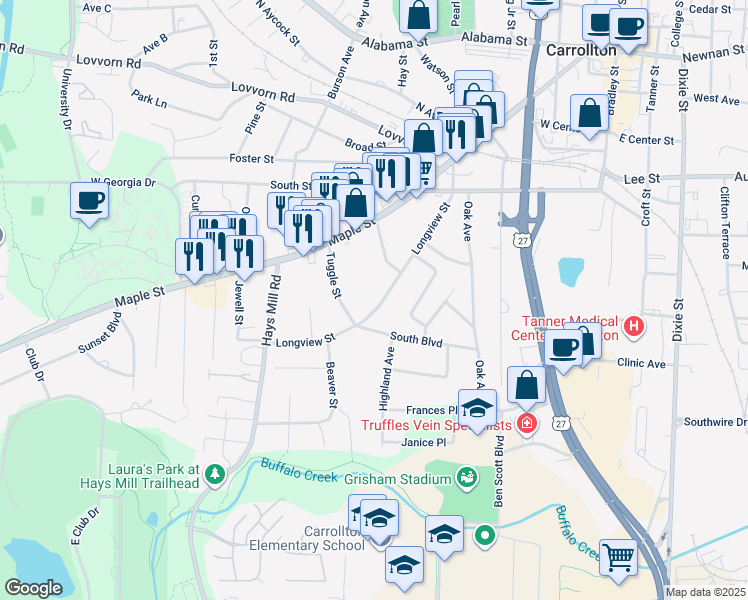 map of restaurants, bars, coffee shops, grocery stores, and more near 627 Longview Street in Carrollton