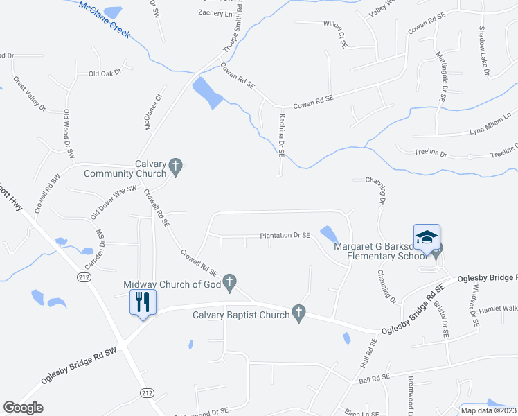 map of restaurants, bars, coffee shops, grocery stores, and more near 1080 Plantation Boulevard Southeast in Conyers