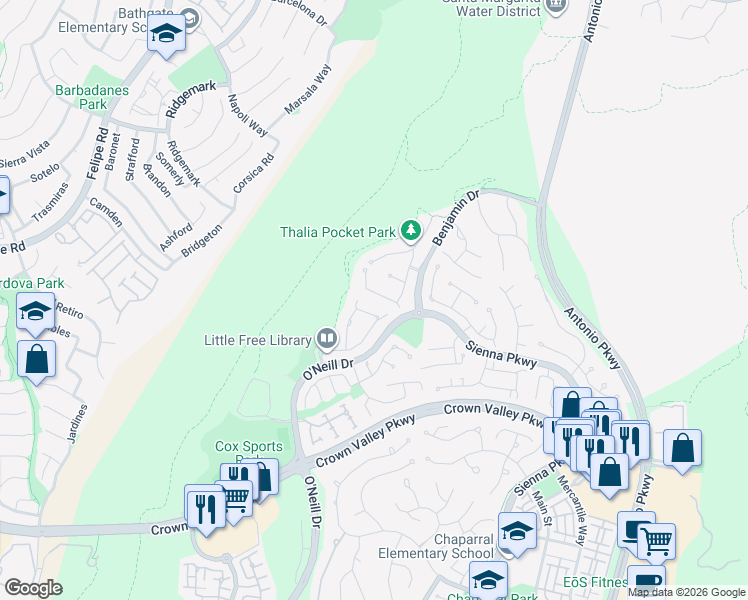map of restaurants, bars, coffee shops, grocery stores, and more near 21 Winslow Street in Ladera Ranch