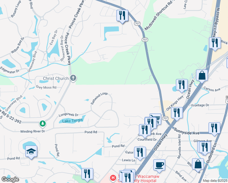 map of restaurants, bars, coffee shops, grocery stores, and more near 10 Turnberry Court in Murrells Inlet