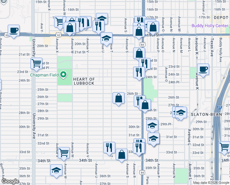 map of restaurants, bars, coffee shops, grocery stores, and more near 1918 26th Street in Lubbock