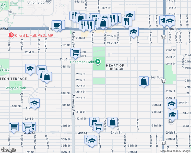 map of restaurants, bars, coffee shops, grocery stores, and more near 2313 25th Street in Lubbock