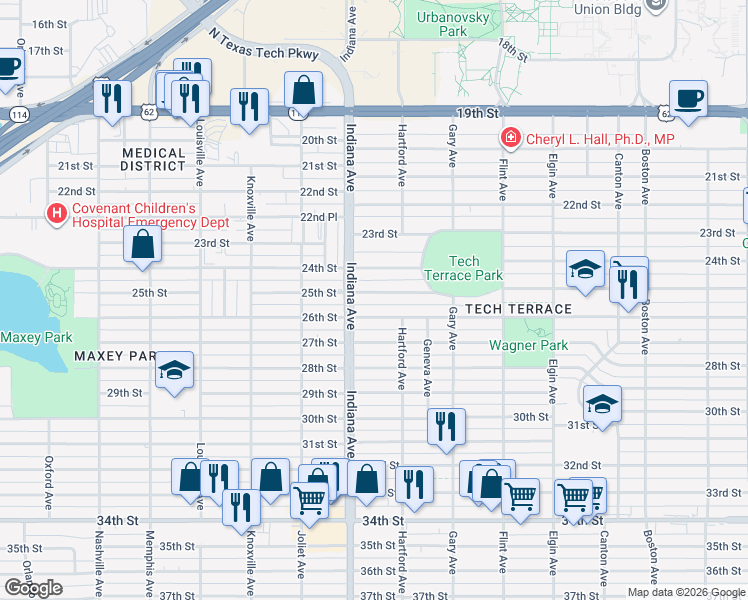 map of restaurants, bars, coffee shops, grocery stores, and more near 3318 25th Street in Lubbock
