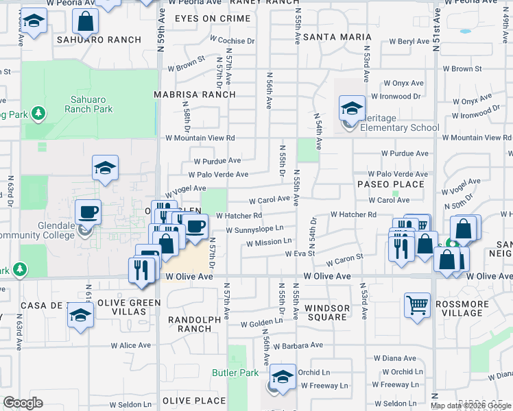 map of restaurants, bars, coffee shops, grocery stores, and more near 5614 West Carol Avenue in Glendale