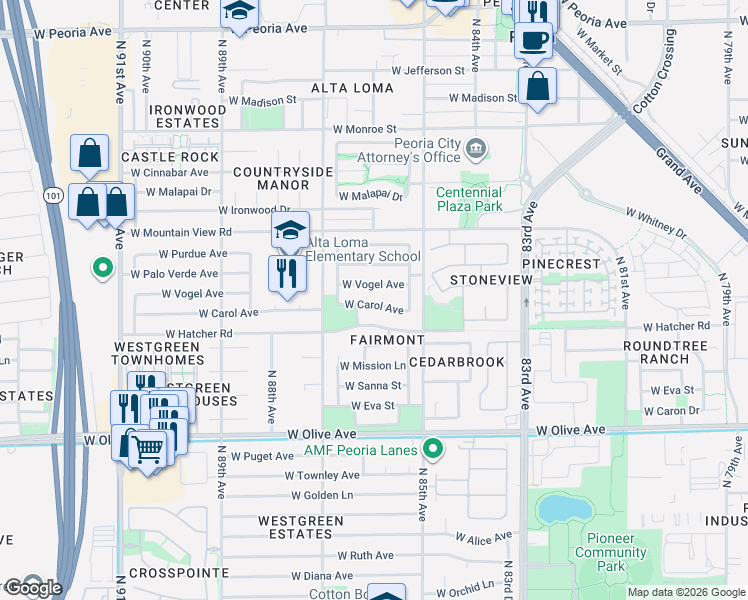 map of restaurants, bars, coffee shops, grocery stores, and more near 8543 West Vogel Avenue in Peoria