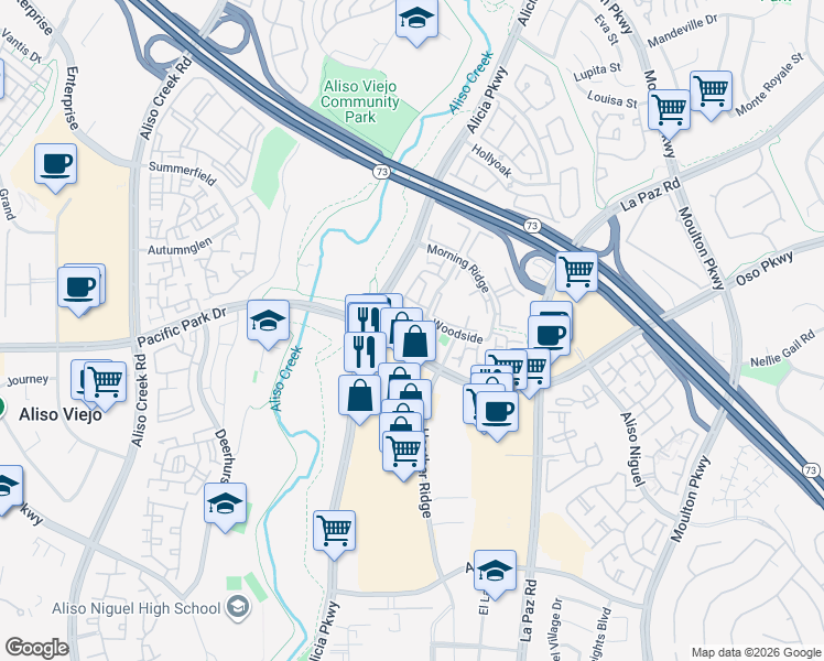 map of restaurants, bars, coffee shops, grocery stores, and more near 33 Bridle Lane in Aliso Viejo