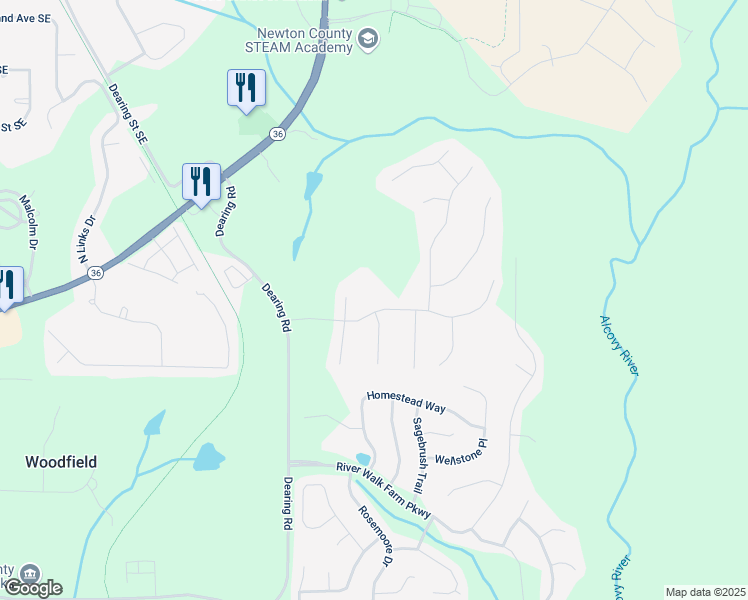 map of restaurants, bars, coffee shops, grocery stores, and more near 115 Dearing Woods Way in Covington