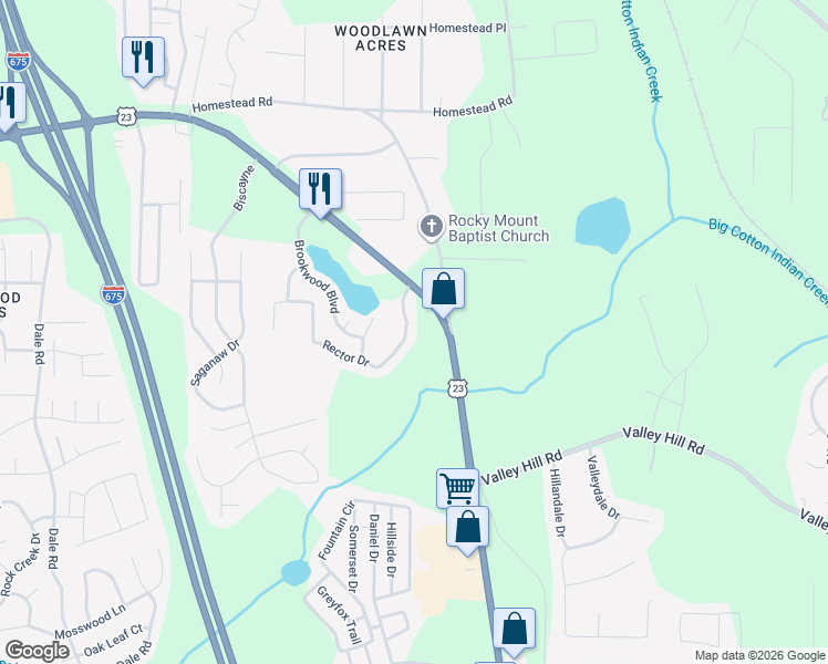 map of restaurants, bars, coffee shops, grocery stores, and more near 6706 Sunset Hills Boulevard in Rex