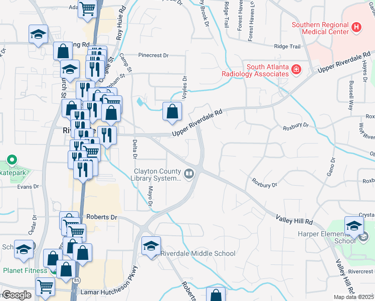 map of restaurants, bars, coffee shops, grocery stores, and more near 417 Valley Hill Road in Riverdale