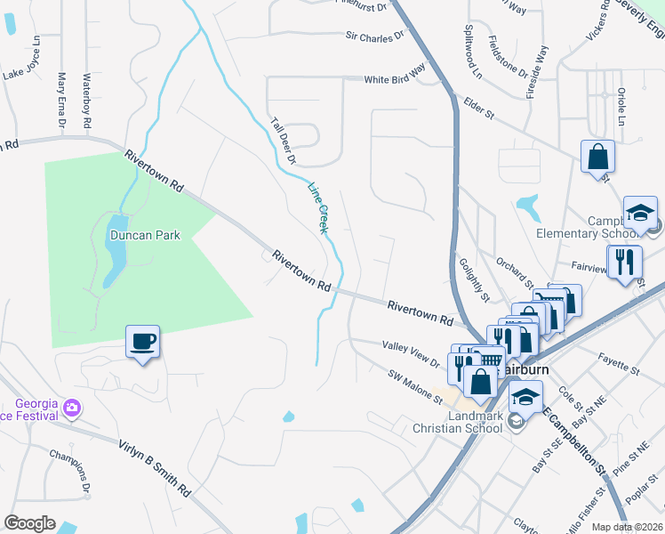 map of restaurants, bars, coffee shops, grocery stores, and more near 1005 Colony Trail in Fairburn