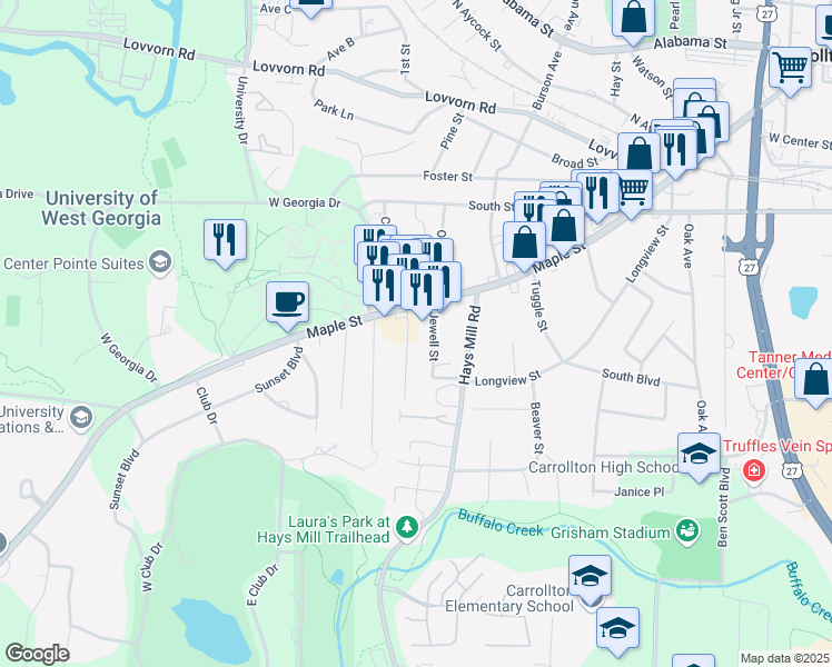 map of restaurants, bars, coffee shops, grocery stores, and more near 1210 Maple Street in Carrollton