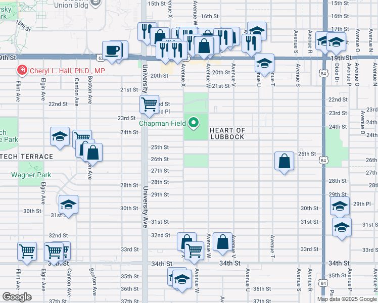 map of restaurants, bars, coffee shops, grocery stores, and more near 2313 25th Street in Lubbock
