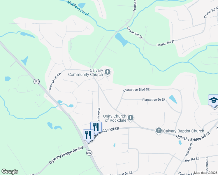 map of restaurants, bars, coffee shops, grocery stores, and more near 1080 Wedgewood Drive Southeast in Conyers