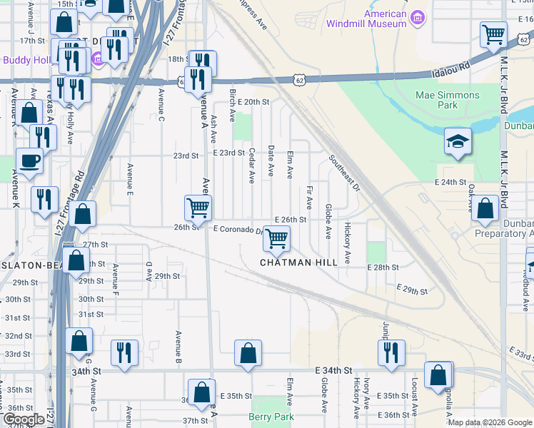 map of restaurants, bars, coffee shops, grocery stores, and more near 2401-2599 Date Avenue in Lubbock