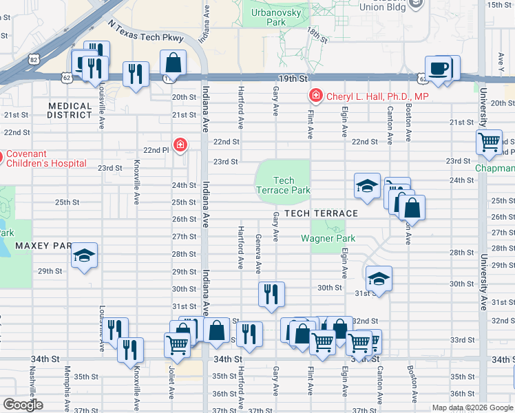 map of restaurants, bars, coffee shops, grocery stores, and more near 3211 25th Street in Lubbock