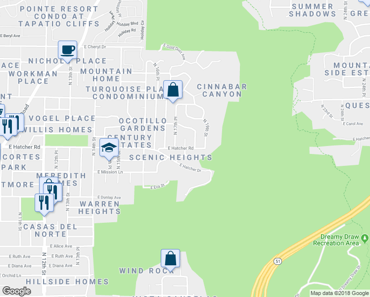map of restaurants, bars, coffee shops, grocery stores, and more near East Hatcher Road & North 17th Place & North 17th Way in Phoenix