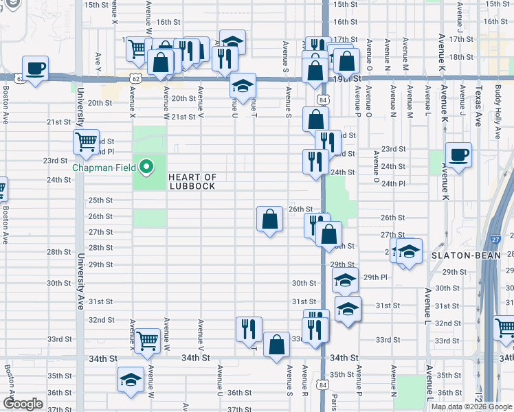map of restaurants, bars, coffee shops, grocery stores, and more near 1926 26th Street in Lubbock