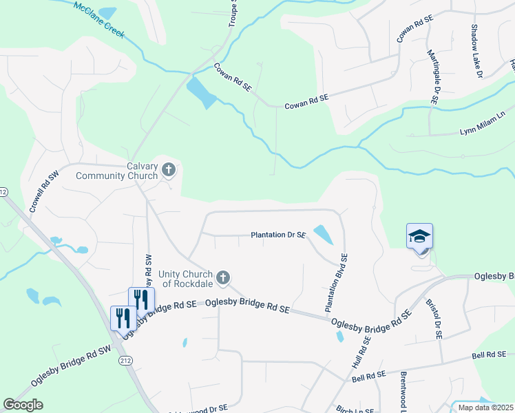 map of restaurants, bars, coffee shops, grocery stores, and more near 1080 Plantation Boulevard Southeast in Conyers