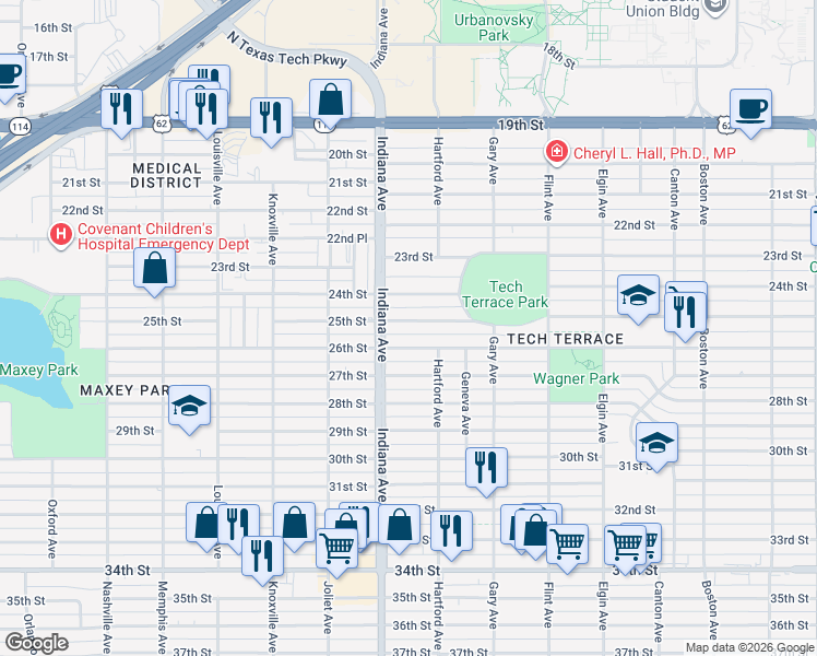map of restaurants, bars, coffee shops, grocery stores, and more near 3318 25th Street in Lubbock