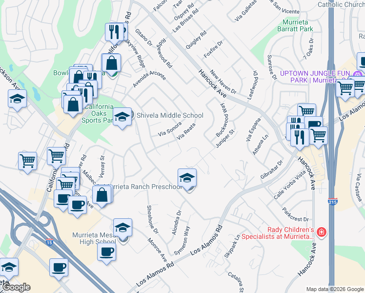 map of restaurants, bars, coffee shops, grocery stores, and more near 24704 Vía Silva in Murrieta