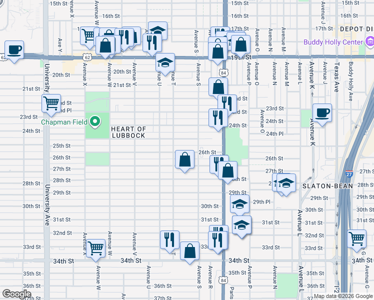 map of restaurants, bars, coffee shops, grocery stores, and more near 1912 26th Street in Lubbock