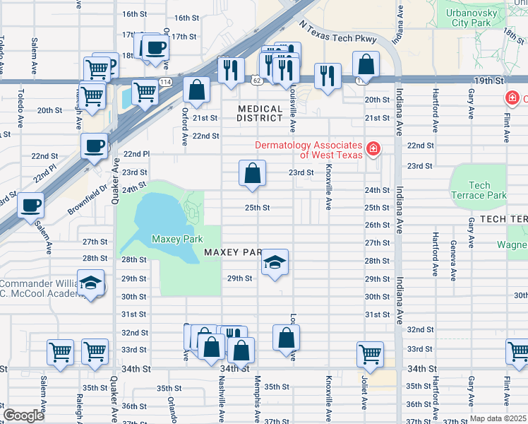 map of restaurants, bars, coffee shops, grocery stores, and more near 3719 25th Street in Lubbock