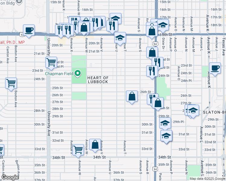 map of restaurants, bars, coffee shops, grocery stores, and more near 2106 26th Street in Lubbock