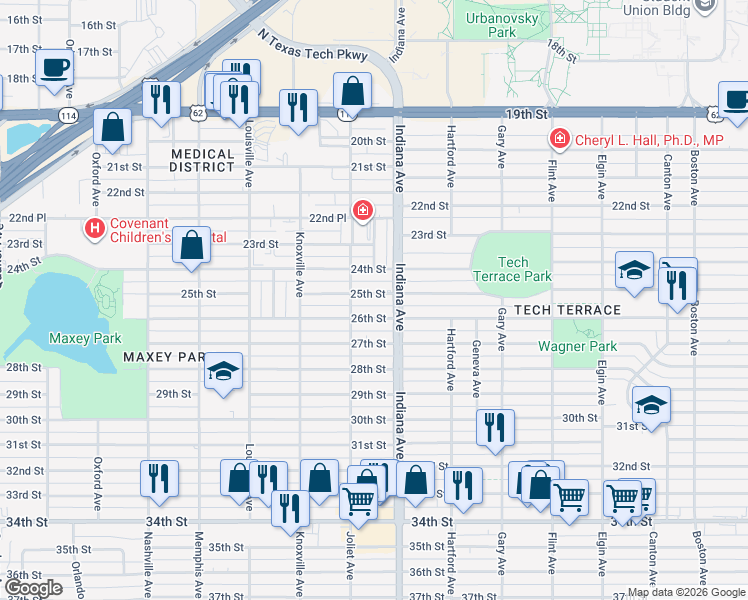map of restaurants, bars, coffee shops, grocery stores, and more near 3411 25th Street in Lubbock