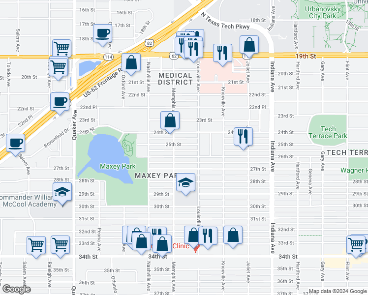 map of restaurants, bars, coffee shops, grocery stores, and more near 3713 25th Street in Lubbock