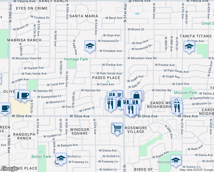 map of restaurants, bars, coffee shops, grocery stores, and more near 5205 West Carol Avenue in Glendale