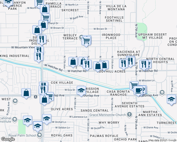 map of restaurants, bars, coffee shops, grocery stores, and more near N 15th Ave & W Hatcher Rd in Phoenix