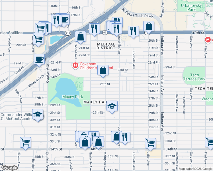 map of restaurants, bars, coffee shops, grocery stores, and more near 3802 25th Street in Lubbock